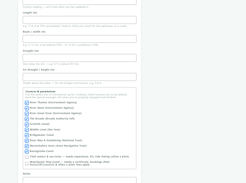 Using your Canal Nav dashboard - Your boat’s size & licences - Canal Nav
