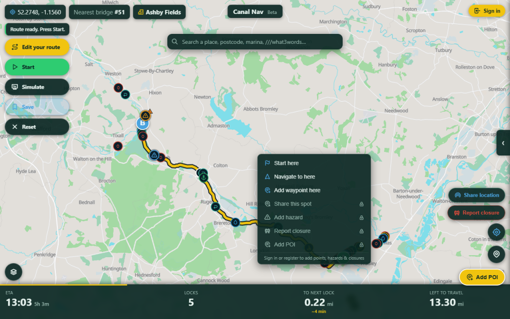 Planning a canal route - Route through a favourite spot - Canal Nav