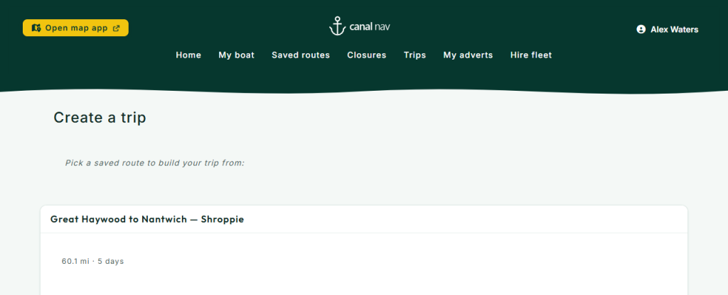 Sharing a canal trip - Start from a saved route - Canal Nav