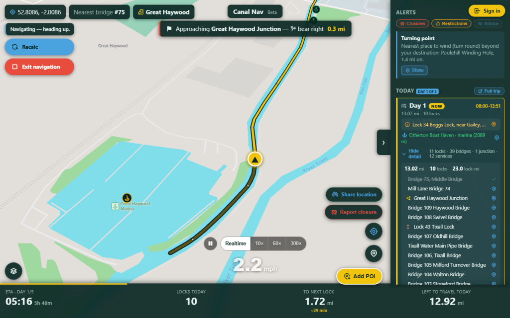 Navigating & closures - Live readouts as you cruise - Canal Nav