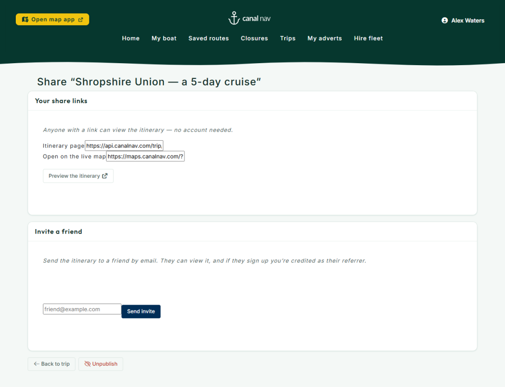 Sharing a canal trip - Share the itinerary - Canal Nav