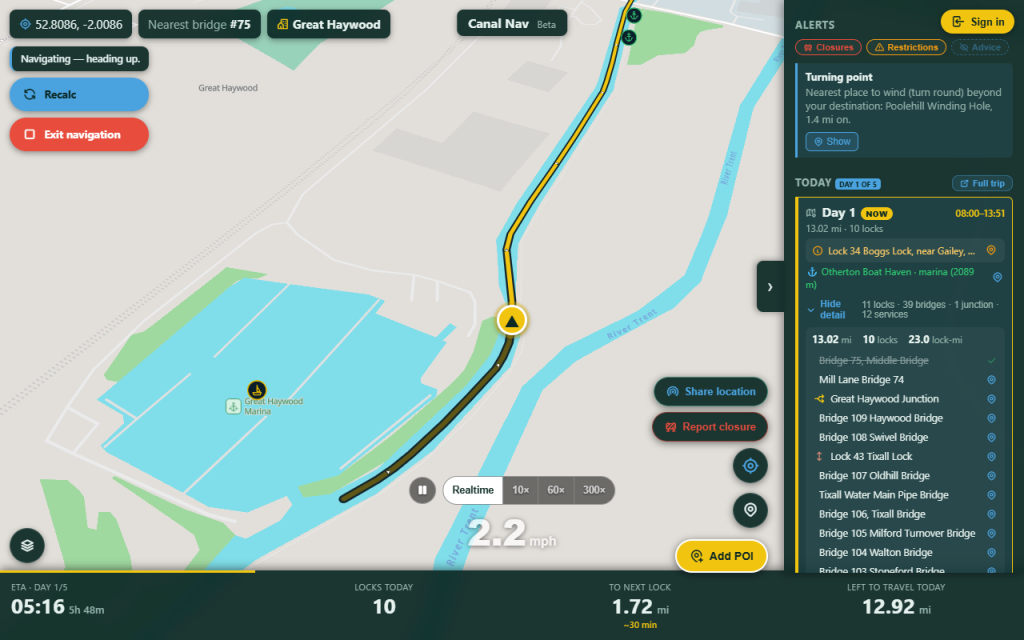 Navigating & closures - Start, or simulate first - Canal Nav